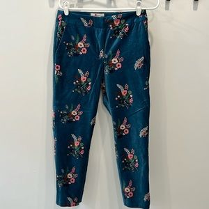 Boden velvet pants. Size 6. Dark teal with flower details